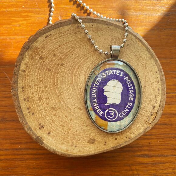 Oval Vintage Purple US Stamp Gunmetal Silver Pendant with Silver Ball Chain - Picture 5 of 5